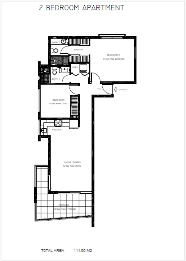 Floorplan of the 111.5 square metre two-bedroom apartment at Concord Residence
