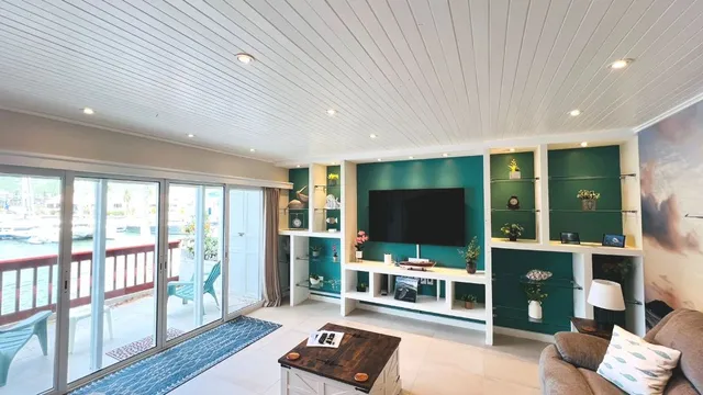 Living room on the lagoon side of the condo