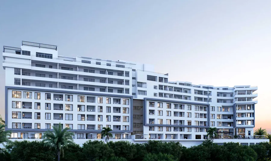 Ocean Blue Residence rear facade at sunset — artist impression