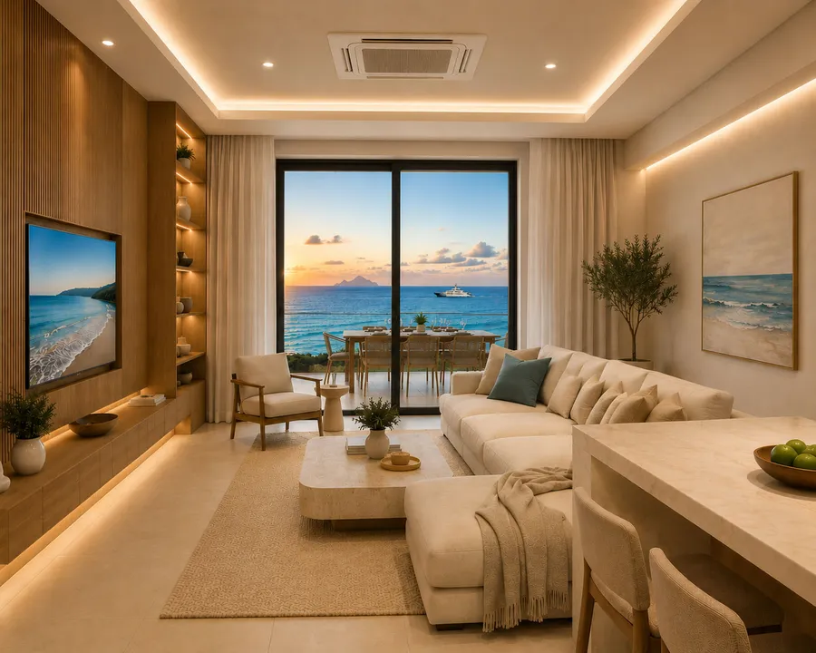 Ocean Blue Residence living room interior — artist impression