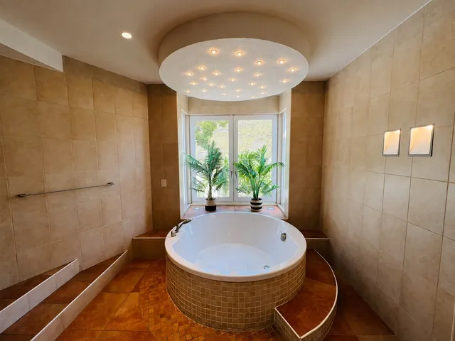 Bathroom with round soaking tub under a starlit ceiling